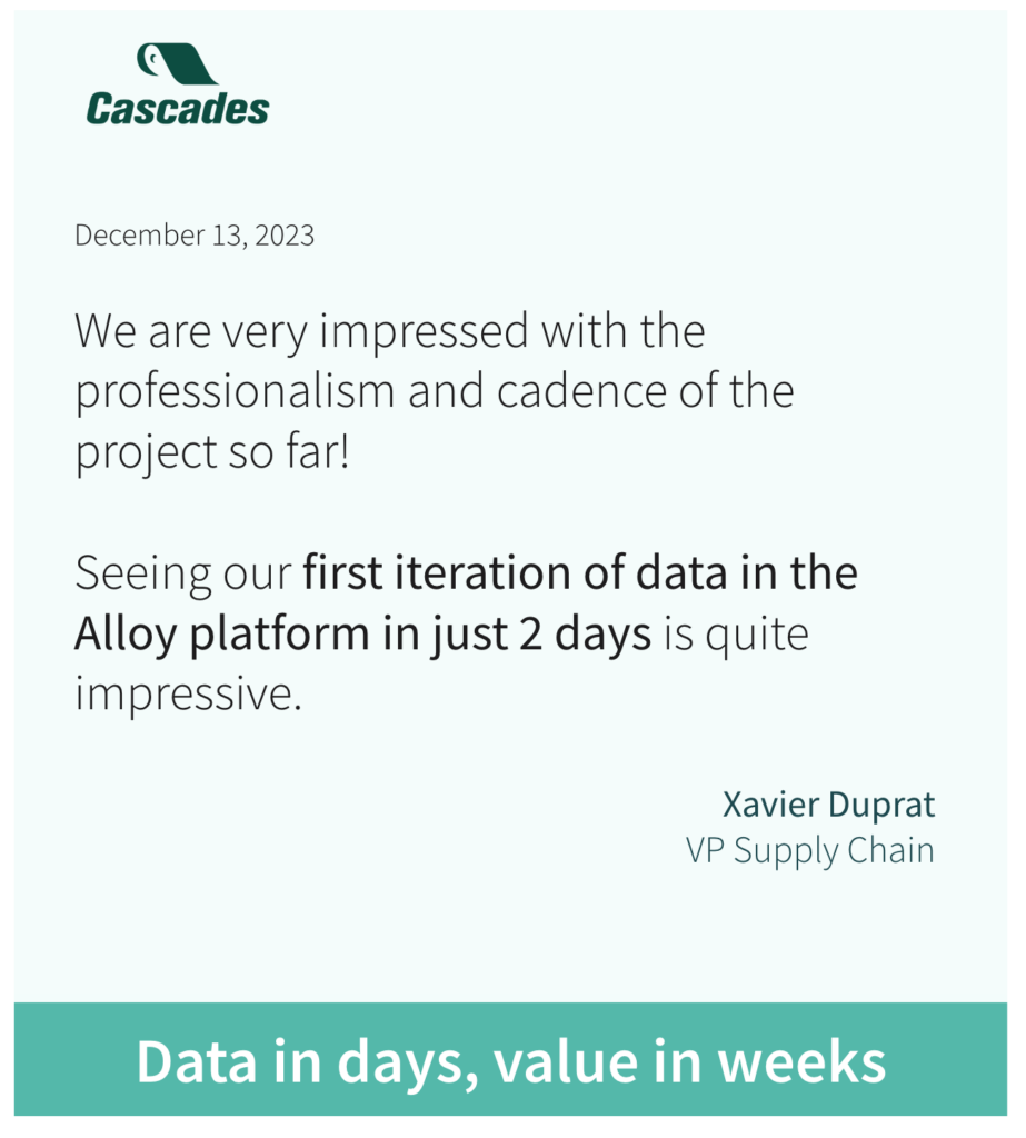 Email from Cascades saying they were impressed to see data in the platform in two days