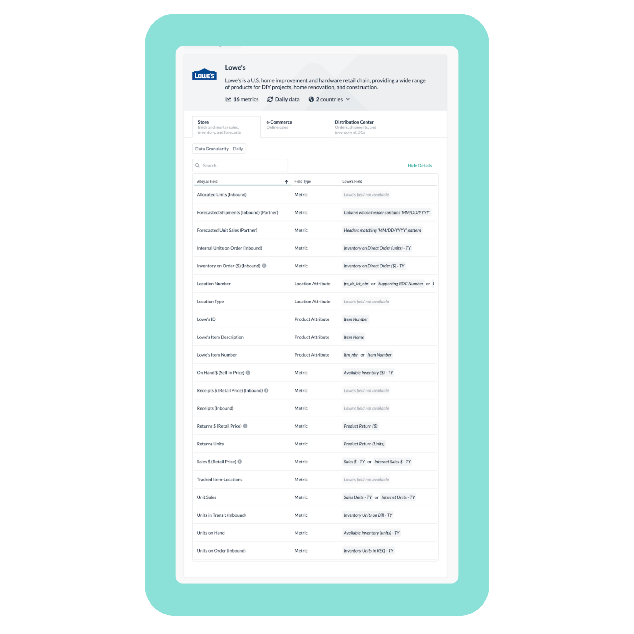 lowes vendor portal — metrics in alloy