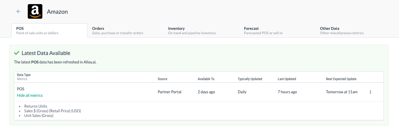 Data status alerts for Amazon in Alloy.ai