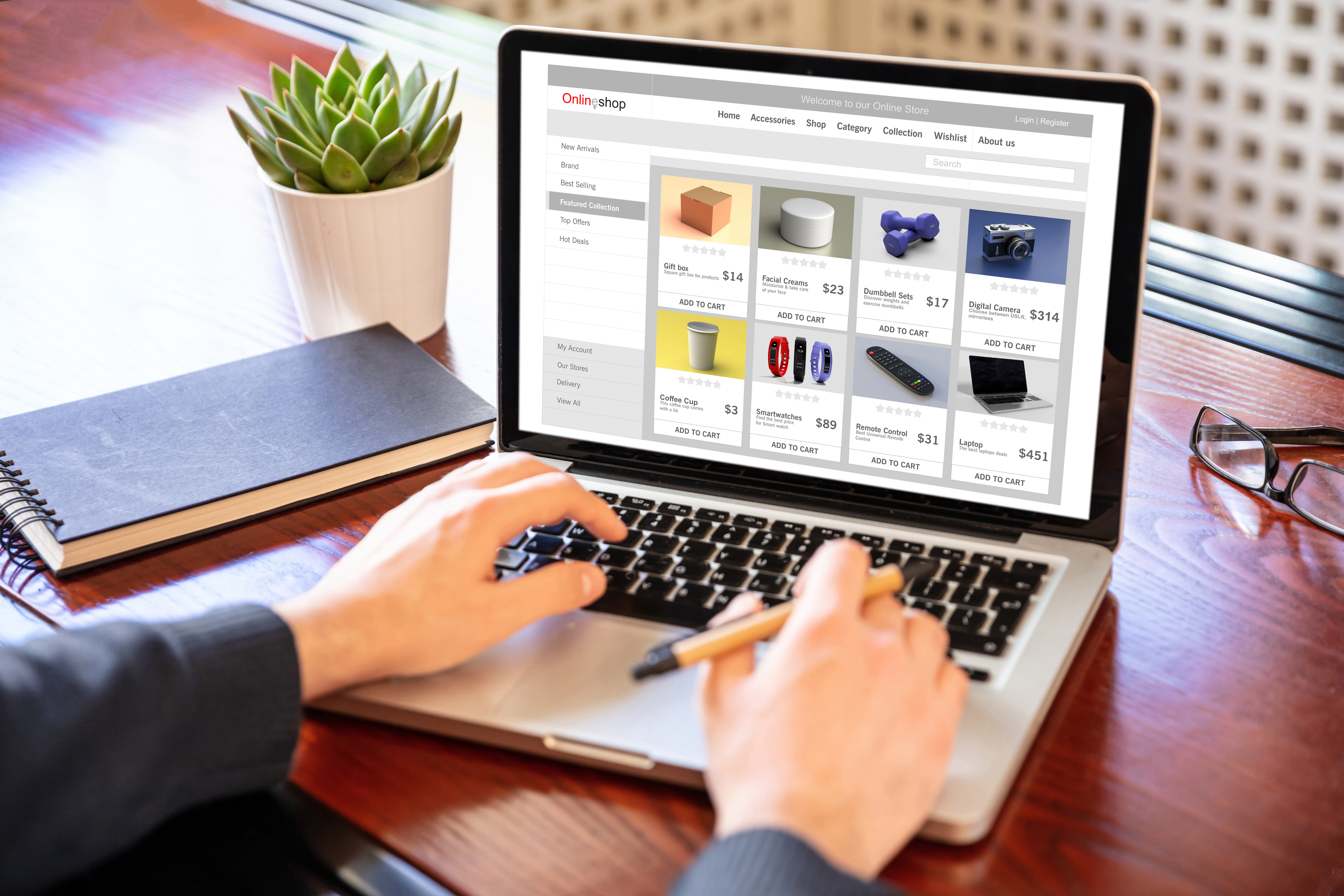 online shop website developer working with a laptop, office desk background.